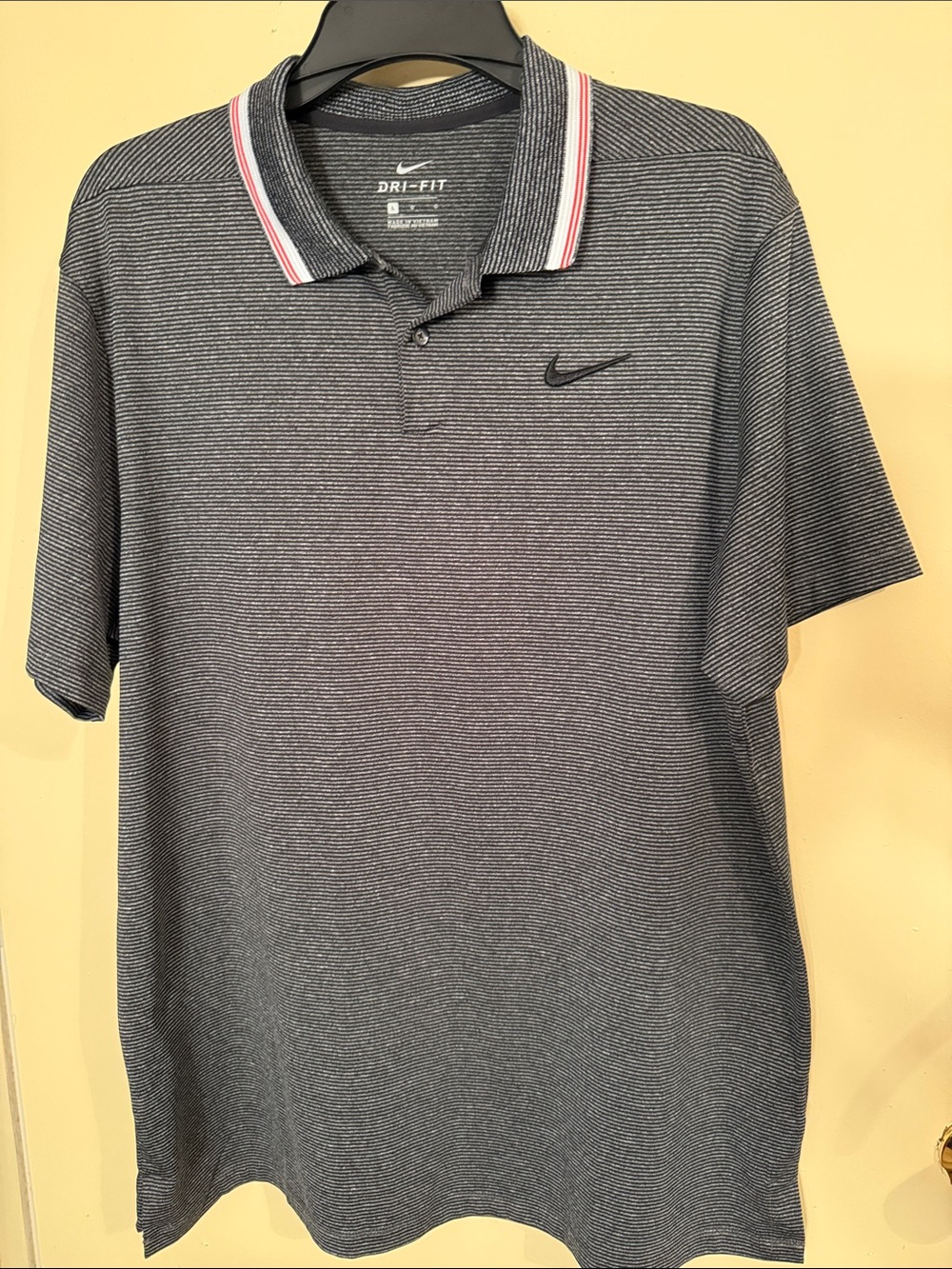 Nike Black and White Micro-Striped Dri-FIT Polo with Red-Trim Collar